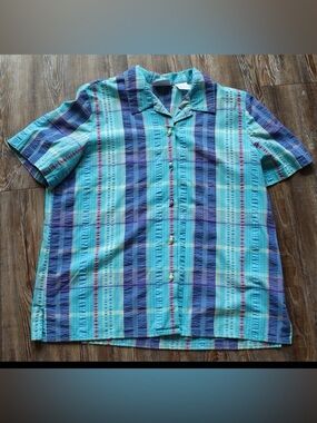 Napa Valley Womens Novelty Bird Button Up Blouse Colorful Teal Textured Plaid L